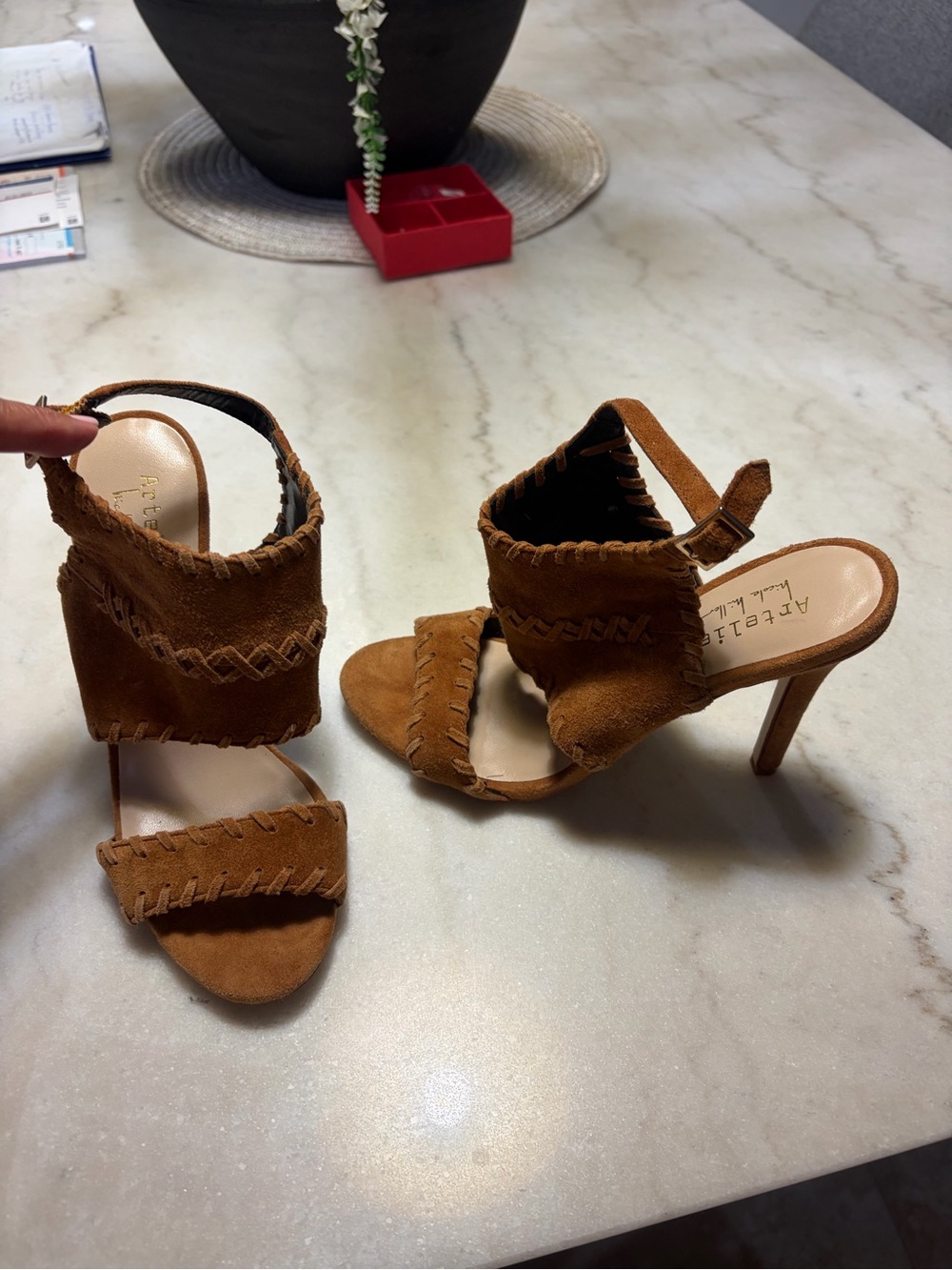 Arlette Tan Suede Open-Toe Heeled Sandals with Woven Trim